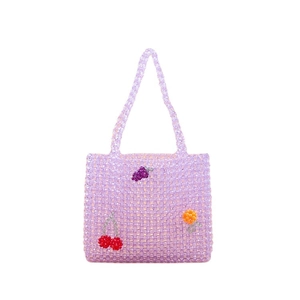 Handmade purple acrylic beaded tote bag with 3D cherry, grape and orange fruit charms