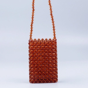 Brown handmade acrylic beaded crossbody bag with a vintage square shape and mini strap