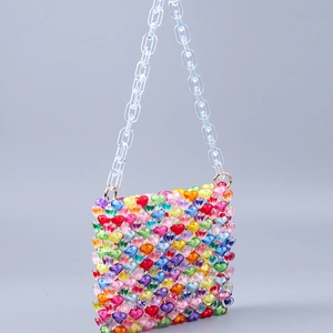 Handmade beaded colorful heart bag with large transparent acrylic chain strap