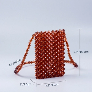 Detailed view showing dimensions for brown beaded acrylic mini crossbody phone bag