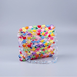 Handmade acrylic heart-shaped beaded tote bag with colorful beads and transparent chain strap