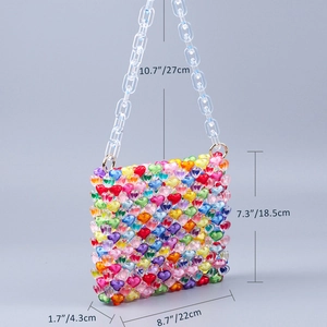 Detailed view of colorful acrylic heart beaded bag with specific size measurements