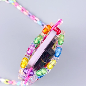 Handmade colorful acrylic beaded mini handbag for women with vibrant heart-shaped charm