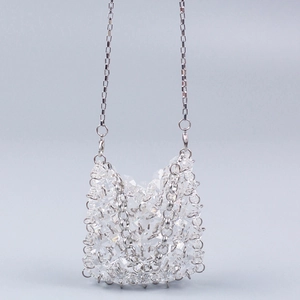 Mini acrylic crystal beaded crossbody bag with silver metal rings and box chain strap