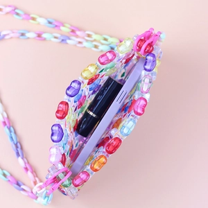 Handmade colorful heart beaded mini crossbody bag with plastic chain strap