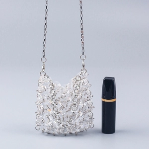 Mini acrylic crystal beaded crossbody bag with silver metal chain for lipstick and earbuds