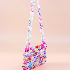 Handmade woven heart bead crossbody bag with pastel macaron colored acrylic beads