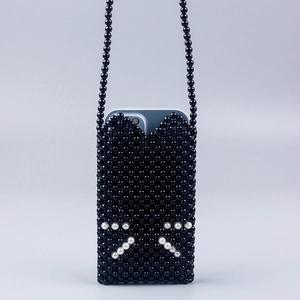 Handmade Beaded Mini Crossbody Bag Cat Ear Design Woven Acrylic Beads Phone Pouch For Women
