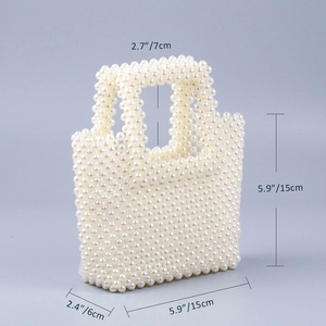 Detailed view of handmade imitation pearl tote bag with specific size measurements