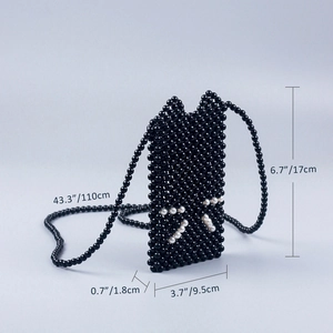 Handmade black beaded cat-shaped crossbody bag with dimensions and long shoulder strap