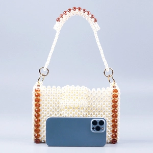 Handmade large white pearl beaded handbag with brown crystal accents and long handles
