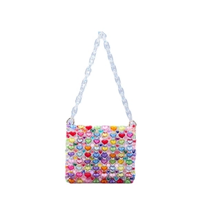 Multicolor heart-shaped beaded handbag with transparent acrylic chain link strap