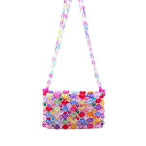 Handmade colorful heart bead shoulder bag with vibrant rainbow acrylic beads and crossbody strap