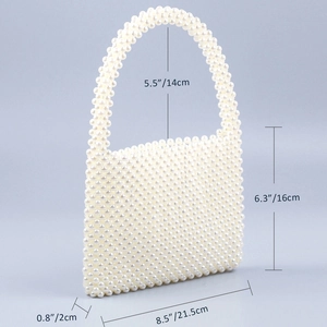 Elegant white faux pearl beaded handbag with precise size dimensions and dimensions shown