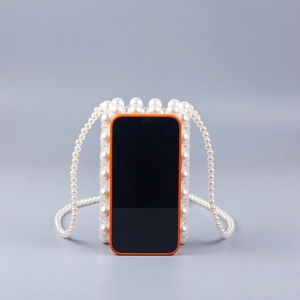 Handmade woven pearl crossbody phone bag for women with elegant white beaded strap
