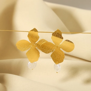 Stainless Steel 18K Gold Plated Flower Petal Drop Earrings With Artificial Baroque Pearl Textured Dangle For Women