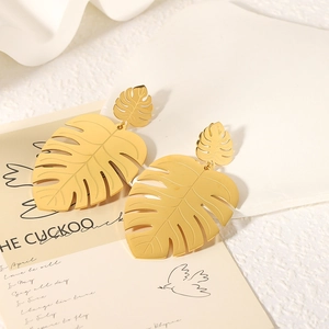 Elegant 18k gold monstera leaf earrings with brushed metal texture for women
