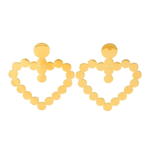 Polished 18k gold plated stainless steel hollow heart-shaped dangle earrings on white background