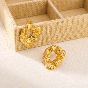 Irregular Hoop Earrings Hammered Textured Stainless Steel 18K Gold Plated Vintage French Style Elegant Jewelry Women