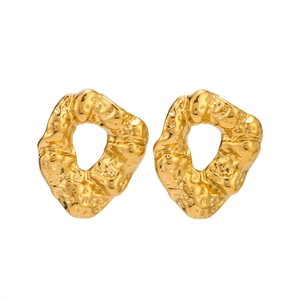 Irregular hammered gold stainless steel hoop earrings with a liquid lava texture design
