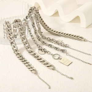 Silver stainless steel Cuban and link chain bracelets with engraved square tag and star charms