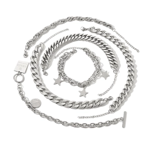 Cuban link titanium steel bracelet set with star charms and engraved name tags