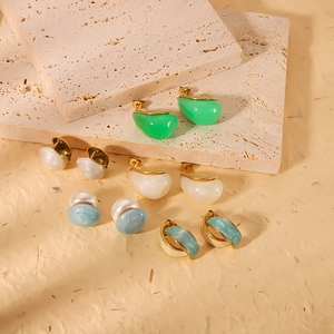 18K Gold Plated Stainless Steel Earrings Round Water Drop Resin Marble Turquoise Inlay Minimalist Vintage Jewelry Women