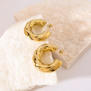 Boucles D'oreilles Créoles Texturées Acier Inoxydable Plaqué Or 18K Géométrique En Forme De C Bijoux Minimalistes Français Femme