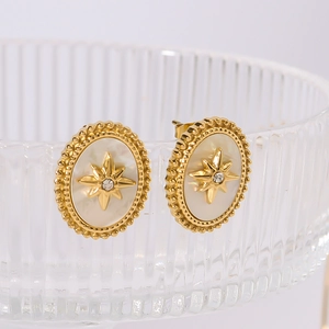 Orecchini A Perno Ovali Vintage Acciaio Inossidabile Placcato Oro 18K Madreperla Stella A Otto Punte Zircone Stile Francese Donna