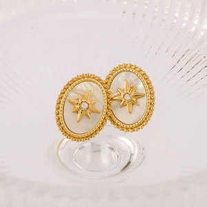 Orecchini ovali vintage placcati oro 18k con stella in zircone e intarsio in madreperla