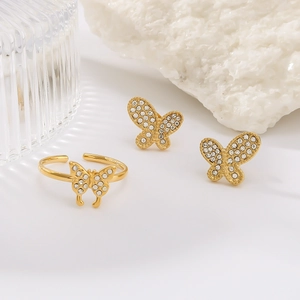 Gold-plated butterfly jewelry set with zircon butterfly ring and matching stud earrings