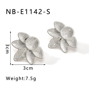 Detail view of silver floral stud earrings with radial texture and 3cm diameter size
