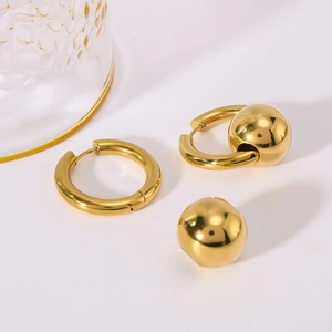 Minimalist 18k gold plated stainless steel orb hoop earrings with mirror finish balls