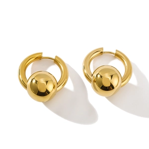 Polished 18k gold plated stainless steel chunky hoop earrings with a spherical pendant