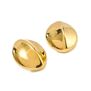 Polished 18k gold plated stainless steel oval bean stud earrings for women with mirror finish