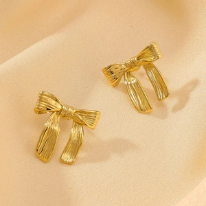 Boucles D'oreilles Noeud Papillon Plaqué Or 18K Acier Inoxydable Texture Ruban Bijoux Vintage Élégants Pour Femmes