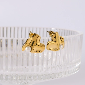 Boucles D'oreilles Forme De Lave Irrégulière Acier Inoxydable Plaqué Or 18K Künstliche Perle Incrustée Bijoux Style INS Français Pour Femmes