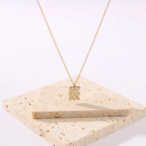 18k gold plated checkerboard necklace with zircon pendant on delicate cross chain