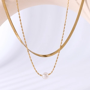 Elegant 18k gold plated double layer necklace with sleek snake chain and a single white pearl