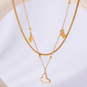 Dubbellaagse Vlinder Hanger Ketting Roestvrij Staal 18K Verguld Kunstparelmoer Zirkonia Sieraden Voor Dames