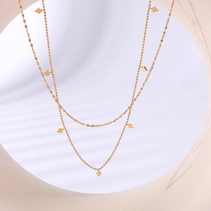 Layered Necklace For Women Rhombus Pendant 18K Gold Plated Stainless Steel Ball Chain Geometric Ins Style Jewelry Accessory