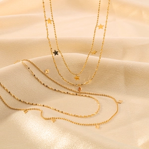 Layered 18k gold plated stainless steel necklace with star and rhombus pendants