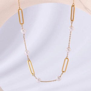 Collier Pendentif Künstliche Perle Acier Inoxydable Plaqué Or 18K Rectangle Creux Style Ins Français Bijoux Élégants Pour Femmes