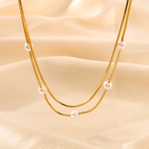 Elegant 18k gold plated double layered snake chain necklace with small white pearls