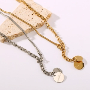 French ins style 18k gold plated round charm necklace with Good Luck engraving