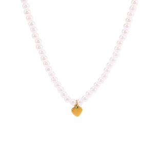 Elegante weiße Perlenkette mit einem polierten 18k Gold-Herzanhänger für Damen