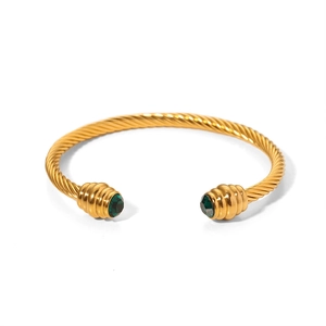 18k gold plated stainless steel cable cuff bangle with green emerald stone ends