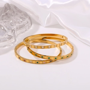 Polished 18K gold plated stainless steel bangles set with colorful zircon inlay