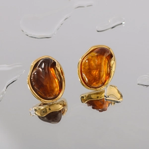 Irregular Round Amber Resin Stud Earrings 304 Stainless Steel 18K Gold Plated Retro Organic Geometric Jewelry For Women