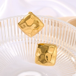 Square Stud Earrings 18K Gold Plated Stainless Steel Hammered Texture Geometric Puckered Minimalist Fashion For Women